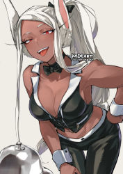 Rule 34 | 1girl, animal ears, blouse, boku no hero academia, bow, bowtie, breasts, butler, cleavage, clothing cutout, costume, crop top, dark-skinned female, dark skin, hair bow, high ponytail, kadeart, large breasts, long eyelashes, looking at viewer, mirko, muscular, muscular female, rabbit ears, rabbit girl, rabbit tail, shirt, sleeve cuffs, sleeveless, sleeveless shirt, solo, tail, tail through clothes, thigh gap, tongue, tongue out, twitter username
