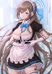 Rule 34 | 1girl, absurdres, apron, asuna (blue archive), bad id, bad pixiv id, black dress, blue archive, blue bow, blue bowtie, blue eyes, blue ribbon, bow, bowtie, breasts, brown hair, cleavage, cleavage cutout, clothing cutout, cowboy shot, dress, elbow gloves, frilled apron, frilled dress, frills, garter straps, gloves, hair between eyes, hair ribbon, halo, heart, heart hands, highres, idasu (hyun9164), large breasts, long hair, maid apron, maid headdress, mole, mole on breast, puffy short sleeves, puffy sleeves, ribbon, short sleeves, smile, solo, thighhighs, very long hair, waist apron, white apron, white gloves