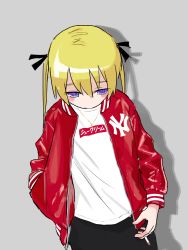 Rule 34 | 1girl, absurdres, bad id, bad twitter id, black pants, blonde hair, blush stickers, cigarette, closed mouth, cowboy shot, cross, cross necklace, drop shadow, gishiki (gshk), grey background, highres, holding, holding cigarette, jacket, jewelry, kill me baby, long hair, long sleeves, looking down, necklace, pants, purple eyes, red jacket, shirt, solo, sonya (kill me baby), twintails, white shirt