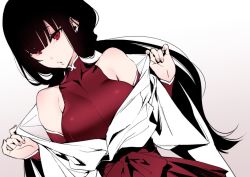 Rule 34 | 1girl, bare shoulders, black hair, breasts, collarbone, detached sleeves, dutch angle, gradient background, hands up, hizuki akira, large breasts, lips, long hair, looking at viewer, off shoulder, open mouth, original, red eyes, red shirt, red skirt, shirt, simple background, skirt, sleeveless, sleeveless shirt, solo, turtleneck, white background