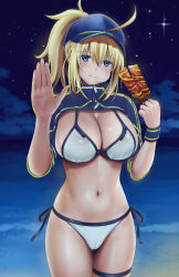 Rule 34 | 1girl, ahoge, artoria pendragon (fate), baseball cap, beach, bikini, blonde hair, blue eyes, blue hat, blue jacket, breasts, cameltoe, chewing, cleavage, cropped jacket, cyclone (reizei), eating, fate/grand order, fate (series), food, hand up, hat, highres, holding, holding food, jacket, large breasts, looking at viewer, medium hair, mysterious heroine x (fate), mysterious heroine xx (fate), navel, night, outdoors, ponytail, solo, swimsuit, thigh strap, white bikini, wristband