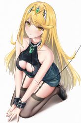 Rule 34 | 1girl, absurdres, alternate costume, animal collar, bare shoulders, black shirt, black skirt, black thighhighs, blonde hair, blush, breasts, closed mouth, collar, commentary request, hair ornament, highres, kneeling, large breasts, long hair, looking at viewer, mythra (xenoblade), shirt, shizukugu03, simple background, skindentation, skirt, sleeveless, sleeveless shirt, solo, thighhighs, v-shaped eyebrows, white background, white collar, xenoblade chronicles (series), xenoblade chronicles 2, yellow eyes