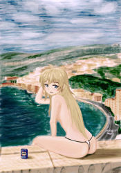 Rule 34 | 10s, 1girl, :d, ahoge, arm behind head, beer can, blonde hair, blue eyes, blush, boat, brand name imitation, breasts, building, can, drink can, from behind, full body, hiropyon, long hair, looking back, new game!, open mouth, outdoors, road, sitting, smile, solo, t-back, thong, topfreedom, topless, very long hair, water, watercraft, yagami kou