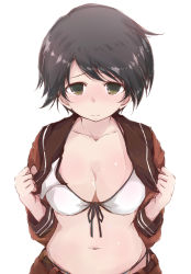 Rule 34 | 10s, 1girl, bikini, bikini under clothes, black hair, blush, breasts, cleavage, clothes pull, front-tie bikini top, front-tie top, green eyes, kantai collection, looking at viewer, medium breasts, mogami (kancolle), navel, open clothes, open shirt, pants, pants pull, shirt, short hair, side-tie bikini bottom, simple background, solo, swimsuit, white background, white bikini, yumesato makura