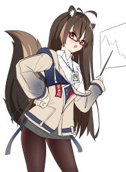 Rule 34 | 1girl, absurdres, animal ear fluff, animal ears, antenna hair, brown eyes, brown hair, brown jacket, brown pantyhose, commentary request, copyright request, denfunsan, drawstring, graph, grey skirt, hair between eyes, hand on own hip, highres, holding, jacket, long hair, long sleeves, looking at viewer, off shoulder, open clothes, open jacket, open mouth, pantyhose, pointer, red-framed eyewear, semi-rimless eyewear, simple background, skirt, sleeves past wrists, solo, squirrel ears, squirrel girl, squirrel tail, tail, under-rim eyewear, very long hair, virtual youtuber, white background
