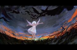 Rule 34 | 1girl, angel, angel wings, bird, closed eyes, crow, dress, grass, halo, hidari (nanmu-left), highres, letterboxed, negative space, no legwear, open mouth, original, outstretched arms, short hair, sleeveless, sleeveless dress, solo, spaghetti strap, sunrise, white dress, white hair, wings