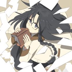 Rule 34 | 1girl, anko (w-anco), black-framed eyewear, black hair, black skirt, blue eyes, book, book to mouth, bow, braid, braided sidelock, breasts, brown vest, coat, commentary, dress shirt, floating clothes, floating hair, flying paper, from above, glasses, hair bow, holding, holding book, long hair, long skirt, long sleeves, looking at viewer, medium breasts, messy hair, necktie, open book, open clothes, open coat, paper, parted bangs, r.o.d the tv, read or die, rectangular eyewear, red necktie, shirt, single braid, skirt, smile, solo, vest, white coat, yomiko readman