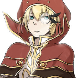 Rule 34 | 1boy, blonde hair, blue eyes, capelet, closed mouth, commentary request, expressionless, hair between eyes, high collar, high wizard (ragnarok online), looking at viewer, male focus, monocle, natsuya (kuttuki), ragnarok online, red capelet, red headwear, round eyewear, shirt, short hair, simple background, solo, upper body, white background, white shirt