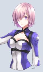 Rule 34 | 1girl, bodysuit, breasts, cleavage, cleavage cutout, clothing cutout, commentary request, cropped arms, cropped torso, fate/grand order, fate (series), fujimaru ritsuka (female), fujimaru ritsuka (female) (chaldea combat uniform), grey background, hair over one eye, light purple hair, mash kyrielight, medium breasts, official alternate costume, orii (orii i), purple eyes, short hair, solo, upper body