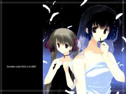 Rule 34 | 2girls, asou asuna, bare shoulders, black hair, brown hair, choker, collarbone, cross, cross necklace, dress, feathers, hair ribbon, holding, jewelry, looking at viewer, mitsumi misato, mouth hold, multiple girls, necklace, night, night sky, pendant, red eyes, ribbon, see-through, short hair, sky, star (sky), starry sky, strapless, strapless dress, sumadera yukio, tenshi no inai 12-gatsu, twintails, upper body, veil, white dress, white feathers