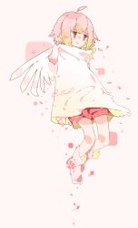 Rule 34 | 1girl, ahoge, angel, angel wings, artist name, bad id, bad pixiv id, baggy clothes, blush, bob cut, capelet, cherry blossoms, feathered wings, floating, flower, highres, mini wings, original, pale skin, pastel colors, petals, pink hair, red eyes, short hair, shorts, signature, solo, wings, yuuo0