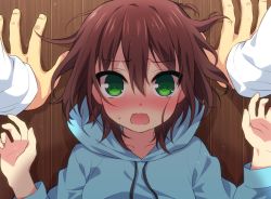 Rule 34 | 2boys, blush, brown hair, from above, green eyes, hood, hoodie, lew, looking at viewer, lying, male focus, multiple boys, on back, open mouth, original, pov, shadow, solo focus, trap, wavy mouth