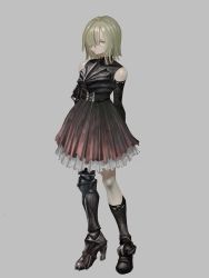 Rule 34 | 1girl, armor, arms behind back, bare shoulders, black dress, blonde hair, dress, full body, gradient dress, green eyes, grey background, hair over one eye, high heels, highres, looking at viewer, mashimashi, original, red dress, short hair, simple background, solo, standing