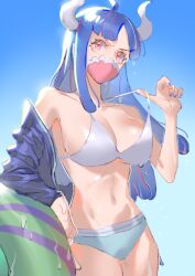 Rule 34 | 1girl, bikini, blue hair, breasts, commentary, covered mouth, curled horns, dinosaur girl, horns, large breasts, long hair, mask, mouth mask, multicolored hair, nail polish, one piece, pink eyes, pink hair, pink mask, raine (acke2445), solo, swimsuit, symbol-only commentary, ulti (one piece)