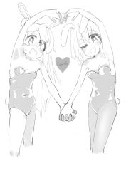 Rule 34 | 2girls, :d, animal ears, armpits, bare arms, bare shoulders, blush, breasts, bright pupils, commentary, contrapposto, covered navel, cropped legs, embarrassed, english commentary, english text, fake animal ears, fake tail, greyscale, heart, heart arms duo, highres, holding hands, interlocked fingers, leotard, long hair, looking at viewer, medium breasts, monochrome, multiple girls, nose blush, one eye closed, onii-chan wa oshimai!, open mouth, oyama mahiro, oyama mihari, pantyhose, playboy bunny, rabbit ears, rabbit tail, siblings, simple background, sisters, sketch, small breasts, smile, standing, strapless, strapless leotard, tail, very long hair, white background, white pupils, yana (muuimiingan)