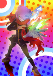 Rule 34 | 10s, 1boy, armband, bandaged arm, bandages, blue fire, concrete revolutio, fire, formal, frown, gradient background, green fire, hair over one eye, hitoyoshi jirou, long sleeves, looking at viewer, male focus, multicolored background, oborogi, outstretched arm, pants, pink hair, polka dot, polka dot background, red fire, red scarf, scarf, shadow, short hair, solo, suit, torn clothes, torn scarf, yellow eyes