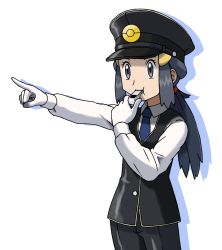 Rule 34 | 1girl, alternate costume, alternate hairstyle, arm up, bad id, bad pixiv id, black hat, black pants, black vest, blowing whistle, blue hair, blue necktie, cowboy shot, creatures (company), dawn (pokemon), drop shadow, female focus, flat chest, game freak, gloves, grey eyes, hair ornament, hairclip, hand up, hat, highres, holding, long hair, long sleeves, necktie, nintendo, outstretched arm, pants, peaked cap, pointing, poke ball symbol, poke ball theme, pokemon, pokemon dppt, ponytail, shiny clothes, shirt, simple background, solo, standing, tellzeta, vest, whistle, white background, white gloves, white shirt