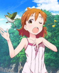 Rule 34 | 10s, 1girl, ;o, artist request, bird, brown eyes, brown hair, hand on own chest, idolmaster, idolmaster million live!, music, musical note, official art, one eye closed, open mouth, quaver, singing, wink, yabuki kana