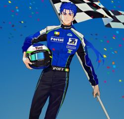 Rule 34 | 1boy, alternate costume, blue hair, closed mouth, confetti, contemporary, cu chulainn (fate), cu chulainn (fate/stay night), earrings, fate/stay night, fate (series), flag, floating hair, gae bolg (fate), unworn headwear, helmet, unworn helmet, holding, holding flag, holding helmet, irish flag, jewelry, long hair, looking at viewer, male focus, ponytail, racing suit, red eyes, smile, solo, spiked hair, yin2000