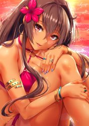 Rule 34 | 1girl, armlet, artist name, beach, bikini, blue nails, blush, bracelet, breasts, brown hair, cleavage, collarbone, criss-cross halter, earrings, flower, hair between eyes, hair flower, hair intakes, hair ornament, halterneck, hand on own knee, highres, hoop earrings, jewelry, kantai collection, knees up, large breasts, lips, long hair, looking at viewer, nail polish, o-ring, o-ring bikini, one-piece tan, open mouth, pink bikini, purple eyes, ring, sakiyamama, sidelocks, smile, solo, sunset, swimsuit, tan, tanline, thigh strap, very long hair, yamato (kancolle)