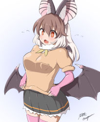 Rule 34 | 1girl, :3, animal ears, bat ears, bat girl, bat wings, black skirt, blush, brown hair, brown long-eared bat (kemono friends), brown sweater, commentary request, cowboy shot, elbow gloves, fang, fingerless gloves, flying sweatdrops, frilled skirt, frills, fur collar, gloves, kemono friends, kemono friends v project, long hair, multicolored hair, open mouth, orange eyes, pink gloves, pink thighhighs, pleated skirt, short sleeves, skirt, solo, sweater, taurine 8000mg, thighhighs, two-tone hair, virtual youtuber, white fur, white hair, wings, zettai ryouiki