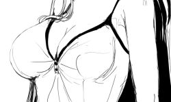 Rule 34 | 1girl, bare arms, bare shoulders, breasts, cleavage, close-up, commentary request, copyright request, greyscale, head out of frame, long hair, mokufuu, monochrome, simple background, solo, white background