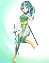 Rule 34 | 1girl, absurdres, breasts, closed mouth, crusadia arboria, detached sleeves, green hair, green leotard, green thighhighs, hand on own chest, headpiece, highres, holding, holding sword, holding weapon, leotard, long hair, long sleeves, looking at viewer, lordol, medium breasts, pelvic curtain, ponytail, red eyes, scabbard, sheath, smile, solo, sword, thighhighs, unsheathed, weapon, yu-gi-oh!