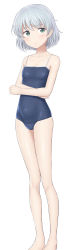 Rule 34 | 1girl, absurdres, barefoot, blue one-piece swimsuit, collarbone, competition school swimsuit, crossed arms, expressionless, flat chest, green eyes, highres, legs together, looking at viewer, one-piece swimsuit, sanya v. litvyak, sc naru, school swimsuit, short hair, silver hair, simple background, solo, standing, strike witches, swimsuit, white background, world witches series
