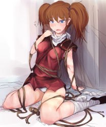 Rule 34 | 1girl, blue eyes, blush, breasts, brown hair, morisova, rope, rope marks, solo, twintails
