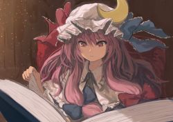 Rule 34 | 1girl, berabou, book, capelet, crescent, hair ribbon, hat, highres, light particles, long hair, long sleeves, looking down, mob cap, open book, patchouli knowledge, purple hair, reading, red eyes, ribbon, solo, touhou, tress ribbon, upper body