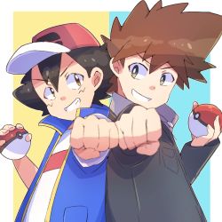 Rule 34 | 2boys, 51487, arms up, ash ketchum, baseball cap, black hair, blue vest, brown eyes, brown hair, clenched hand, creatures (company), game freak, gary oak, grin, hat, highres, holding, holding poke ball, long sleeves, looking at viewer, multicolored background, multiple boys, nintendo, poke ball, pokemon, pokemon (anime), pokemon journeys, red headwear, shirt, short hair, short sleeves, smile, spiked hair, teeth, upper body, vest, white shirt