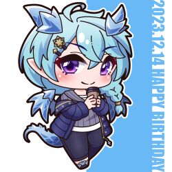 Rule 34 | 1girl, absurdres, black footwear, black pants, blue background, blue hair, blue jacket, blue wings, blush, chibi, closed mouth, commentary request, cup, dated, disposable coffee cup, disposable cup, dragon girl, dragon horns, dragon tail, dragon wings, full body, grey shirt, hair between eyes, hair ornament, hairclip, happy birthday, highres, holding, holding cup, horns, ice, ice wings, jacket, looking at viewer, off shoulder, open clothes, open jacket, outline, pants, pointy ears, princess connect!, purple eyes, saishosaisekojo, sheffy (princess connect!), shirt, shoes, smile, solo, standing, star (symbol), star hair ornament, tail, two-tone background, white background, white outline, wings