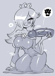 Rule 34 | 1girl, :q, arm support, blue theme, blush, bowser, breasts, crown, dress, earrings, grey background, greyscale, hair over one eye, heart, heart-shaped pupils, highres, jewelry, kneeling, large breasts, large penis, long dress, long hair, long sleeves, looking at viewer, mario (series), monochrome, narrow waist, nintendo, off-shoulder dress, off shoulder, one eye covered, out of frame, penis, penis on shoulder, rariatto (ganguri), rosalina, simple background, smile, solo focus, spoken character, spoken heart, star (symbol), star earrings, super mario galaxy, symbol-shaped pupils, tongue, tongue out