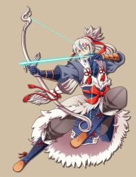 Rule 34 | 1boy, arrow (projectile), bad id, bad pixiv id, bow (weapon), brown background, drawing bow, fire emblem, fire emblem fates, full body, gloves, grey hair, holding, holding bow (weapon), holding weapon, long hair, male focus, nintendo, nostalish, open mouth, orange eyes, ponytail, simple background, solo, takumi (fire emblem), weapon, yumi (bow)