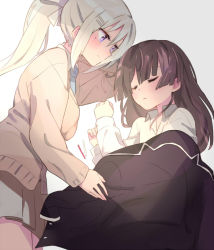 Rule 34 | 2girls, blue neckwear, blush, brown hair, brown sweater, closed eyes, closed mouth, collared shirt, commentary request, from above, grey background, grey skirt, hair ornament, hairclip, higuchi kaede, jacket, long hair, long sleeves, looking at another, lying, mole, mole under eye, multiple girls, necktie, nijisanji, on side, open collar, pleated skirt, ponytail, purple eyes, school uniform, shirt, silver hair, simple background, skirt, sleeping, smile, sou (tuhut), sweater, tsukino mito, tsukino mito (1st costume), unworn jacket, virtual youtuber, white shirt, yuri