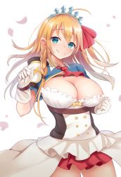 Rule 34 | 1girl, absurdres, blonde hair, blue eyes, bra, bra pull, braid, breasts, closed mouth, clothes pull, corset, cowboy shot, gloves, highres, large breasts, long hair, looking at viewer, miniskirt, necktie, nipples, one breast out, pecorine (princess connect!), petals, princess connect!, red necktie, red skirt, simple background, skirt, smile, solo, split mouth, tiara, underwear, white background, white gloves, yuu ms1974