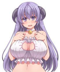 Rule 34 | 1girl, amane hasuhito, bad id, bad pixiv id, bell, neck bell, blush, bra, breasts, cat cutout, cat lingerie, choker, cleavage, cleavage cutout, clothing cutout, hanyuu, higurashi no naku koro ni, horns, jingle bell, large breasts, long hair, looking at viewer, meme attire, navel, open mouth, purple eyes, purple hair, simple background, solo, underwear, upper body, very long hair, white background, white bra