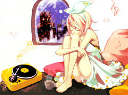 Rule 34 | 1girl, barefoot, blonde hair, cup, closed eyes, female focus, hair ornament, hair ribbon, hairclip, indoors, kagamine rin, hugging own legs, musical note, phonograph, pillow, ribbon, short hair, sitting, sky, solo, turntable, vocaloid, water lento