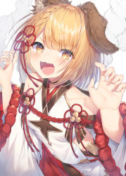 Rule 34 | 1girl, :d, animal ear fluff, animal ears, bare shoulders, blonde hair, blush, braid, brown eyes, claw pose, commentary request, dog ears, erune, fang, granblue fantasy, hands up, highres, long sleeves, open mouth, skin fang, smile, solo, topia, v-shaped eyebrows, vajra (granblue fantasy), white sleeves, wide sleeves