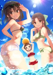 Rule 34 | 3girls, :d, alternate costume, antenna hair, armpits, arms up, ass, beach, bikini, bikini top only, blue sky, blush, bow, breasts, brown eyes, brown hair, butt crack, cloud, collarbone, commentary request, day, denim, denim shorts, double bun, eyewear on head, frilled bikini, frills, from behind, grin, hair between eyes, hair bow, hair bun, hair intakes, half updo, holding, jintsuu (kancolle), kantai collection, koruri, lens flare, long hair, looking at viewer, medium breasts, multiple girls, naka (kancolle), navel, one side up, open mouth, outdoors, ponytail, sendai (kancolle), shorts, side-tie bikini bottom, sky, small breasts, smile, standing, string bikini, sunglasses, sunglasses on head, sunlight, swimsuit, thighs, twitter username, wading, water, water drop, wet