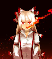 Rule 34 | 1girl, arm garter, bow, breath weapon, breathing fire, burnt clothes, fire, flaming eyes, fujiwara no mokou, hachimillion, hair bow, long hair, long sleeves, red eyes, shirt, simple background, solo, suspenders, touhou, very long hair, white hair, white shirt