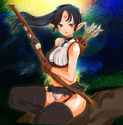 Rule 34 | 1girl, arrow (projectile), bare shoulders, black hair, black thighhighs, blue eyes, bow (weapon), brown eyes, elf, facial mark, forehead mark, garter straps, heterochromia, kazaana, kneeling, long hair, navel, on one knee, original, pointy ears, ponytail, quiver, red eyes, solo, thighhighs, weapon