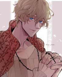 Rule 34 | 1boy, akehata hikari, baraou no souretsu, blonde hair, blue eyes, collarbone, cross, cross necklace, hair between eyes, hands up, henry vi (baraou), jewelry, long neck, long sleeves, male focus, necklace, own hands together, short hair, solo, upper body