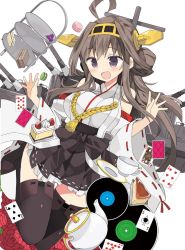 Rule 34 | 10s, 1girl, araki kanao, blue eyes, blush, boots, breasts, brown hair, cake, card, cup, flower, food, hairband, japanese clothes, kantai collection, kongou (kancolle), large breasts, long hair, miniskirt, nontraditional miko, playing card, sandwich, skirt, smile, solo, teacup, teapot, thigh boots, thighhighs, turret, zettai ryouiki