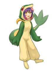 Rule 34 | 1girl, :d, absurdres, cosplay, creatures (company), flower, freckles, full body, game freak, gen 5 pokemon, hair between eyes, hair flower, hair ornament, highres, kigurumi, league of legends, multicolored hair, neeko (league of legends), nintendo, open mouth, pink flower, pokemon, purple hair, red hair, simple background, smile, snivy, snivy (cosplay), solo, sookmo, two-tone hair, white background, yellow eyes