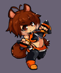 Rule 34 | 1girl, animal ears, arc system works, black pantyhose, black thighhighs, blazblue, blazblue: continuum shift, blush, breasts, brown eyes, brown hair, chibi, clenched hand, clenched hands, full body, gloves, makoto nanaya, medium breasts, microskirt, midriff, navel, nekodason, orange skirt, pantyhose, short hair, skirt, smile, solo, squirrel ears, squirrel tail, tail, thighhighs, underboob