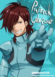 Rule 34 | 00s, 1boy, blue background, blue bodysuit, blue theme, bodysuit, brown hair, clenched teeth, gundam, gundam 00, hair over one eye, looking at viewer, male focus, open mouth, outstretched arm, patrick colasour, simple background, skin tight, solo, teeth, text focus, zoom layer