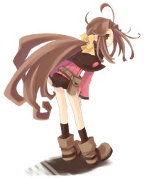 Rule 34 | 1girl, ahoge, ankle boots, ass, belt, belt pouch, bent over, black socks, boots, brown eyes, brown footwear, brown hair, castille, castille (phantom brave), full body, long hair, looking at viewer, messy hair, phantom brave, pocket, pouch, simple background, socks, solo, standing, very long hair, white background