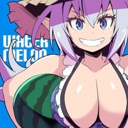 Rule 34 | 1girl, alternate costume, aqua eyes, asahi, bare shoulders, blue background, breasts, english text, fangs, food, fruit, grey hair, grin, hat, highleg, huge breasts, lilith-soft, long hair, looking at viewer, miriam (taimanin asagi), official alternate costume, one-piece swimsuit, pointy ears, shiny skin, simple background, smile, straw hat, swimsuit, taimanin (series), taimanin rpgx, upper body, very long hair, watermelon