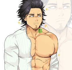 Rule 34 | 1boy, bara, bare pectorals, black clover, black hair, english text, facial hair, goatee, highres, i&#039;ll suck the vaccine out of his tiddy (meme), kir (kir keropi), large pectorals, long sideburns, male focus, mature male, meme, muscular, muscular male, nipples, open clothes, open shirt, parody, pectorals, projected inset, short hair, sideburns, solo, sparkle, spiked hair, unamused, yami sukehiro